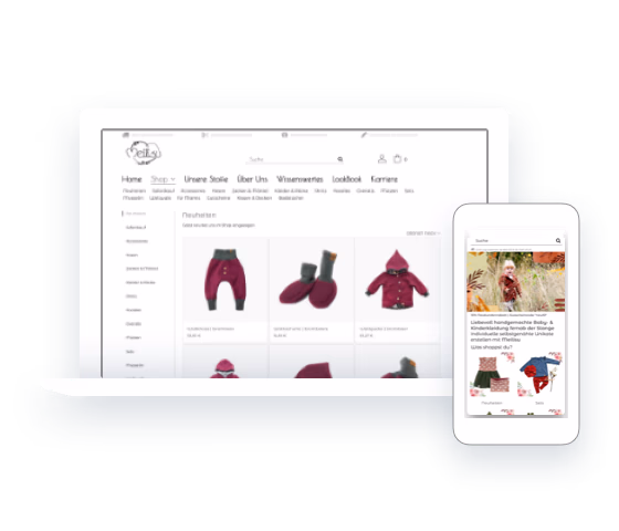 Website für Kinderkleidung auf Desktop mit Produktübersicht und auf Smartphone mit scrollbarem Menü.